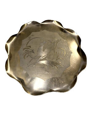 Vintage Round Rooster Aluminum Scalloped edged  Tray-12”